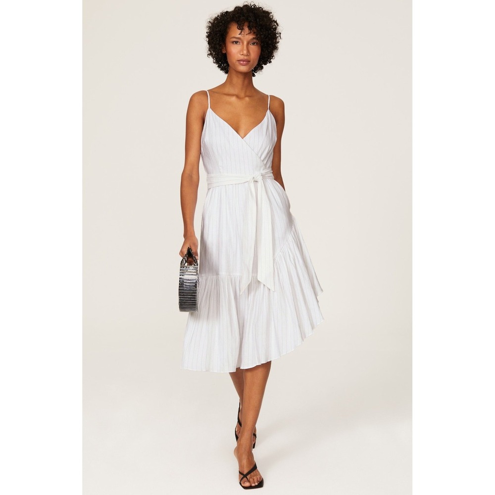 Marissa Webb White Striped Wrap Midi Dress Linen Blend Belted V-Neck Size 12
